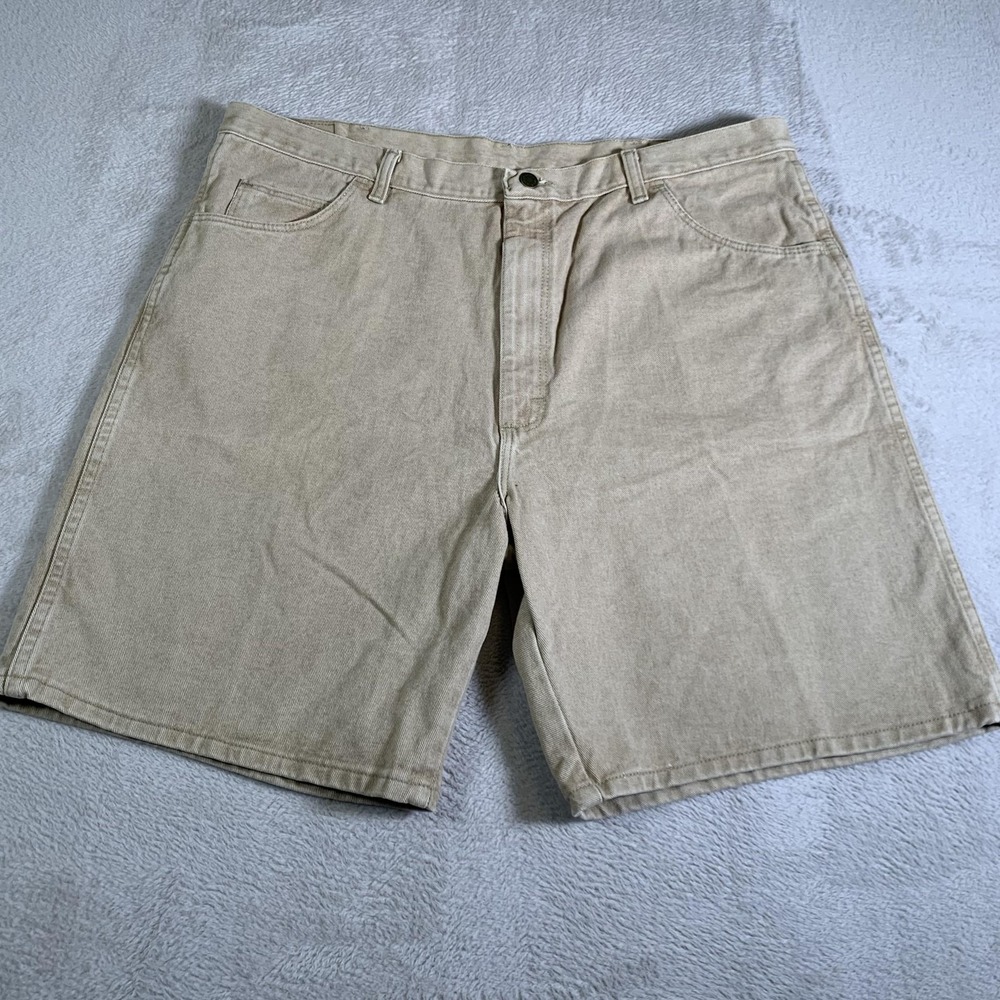 VTG Wrangler Rugged Wear Shorts Mens 42 Khaki Denim Carpenter Work 9.5' Inseam